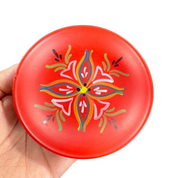 VTG Norway Folk Art Wooden Dish Plate Hand Painted Sogndal Red Floral Round Dish - Picture 12 of 12